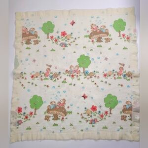 Vintage Satin Trim Baby Blanket Mushrooms Trees Bears Butterflies 40x44 In